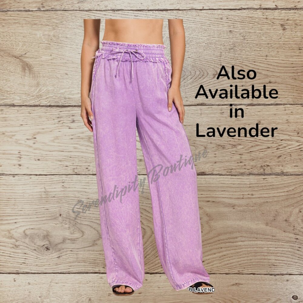 Zenana Mineral Wash Soft Comfy Flare Leg Elastic Drawstring Paper Bag Pants - Picture 10 of 12